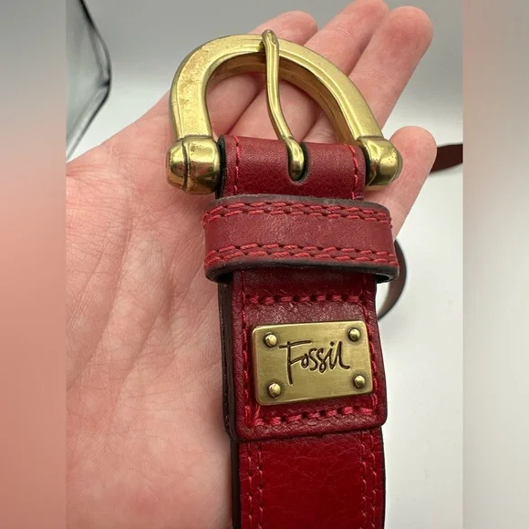 VTG Red Genuine Leather Fossil Brass Buckle Belt Size L 36-40” - Picture 3 of 16